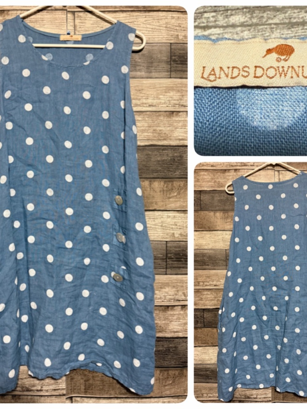 LANDS DOWNUNDER Polka Dot 100% Linen Dress Women’s S Blue Pockets Italy READ